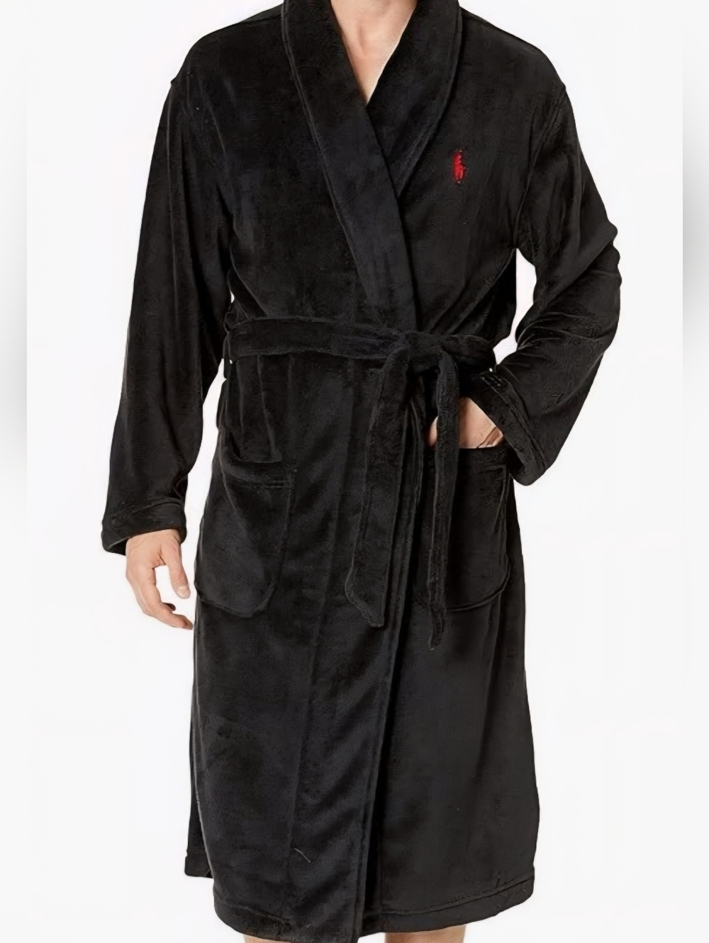 Polo by Ralph Lauren Black Bath Robe Plush Fabric Shawl Collar Belted